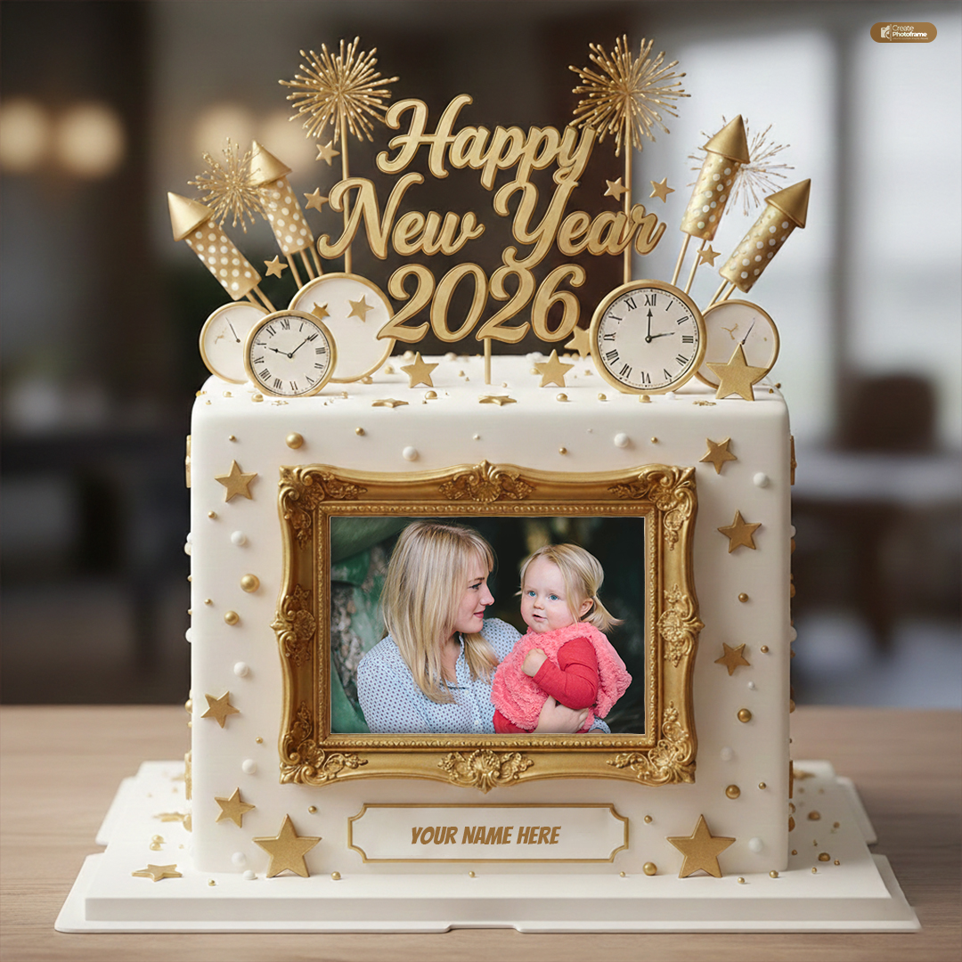Happy New Year 2026 Cake Photo Frame With Name