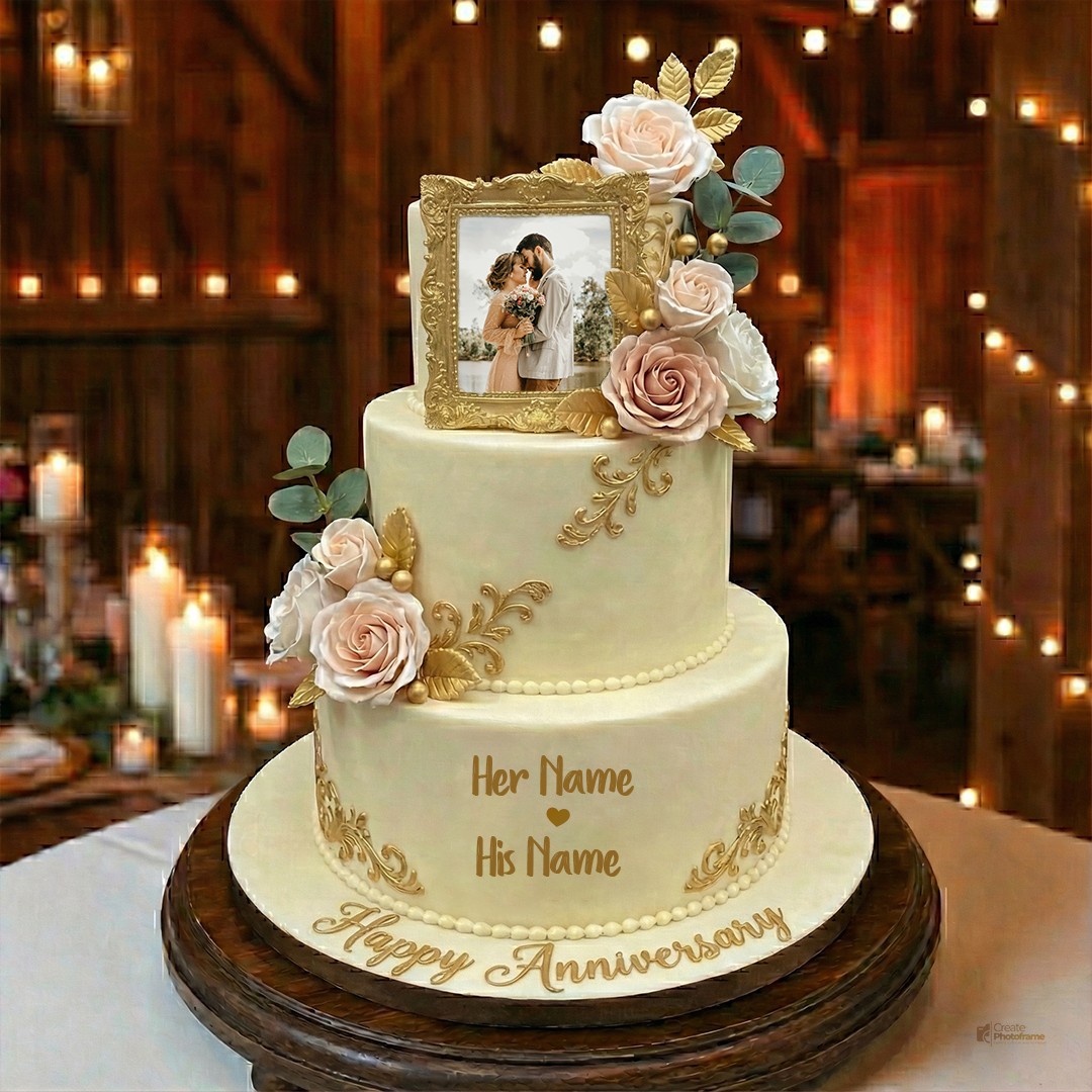 Golden Love Anniversary Cake With Photo And Name Edit