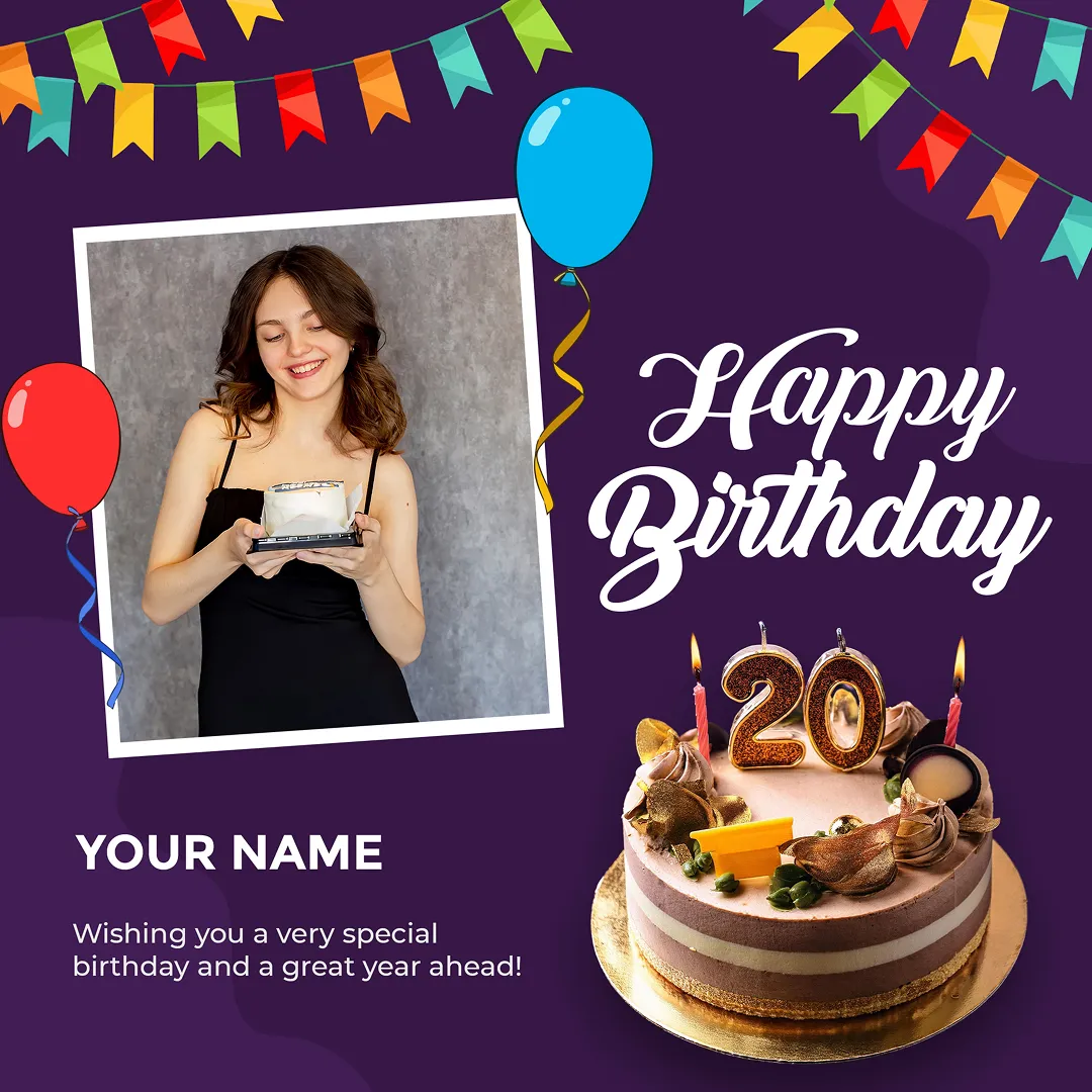 Customized 20th Birthday Cake Topper With Name And Photo Edit